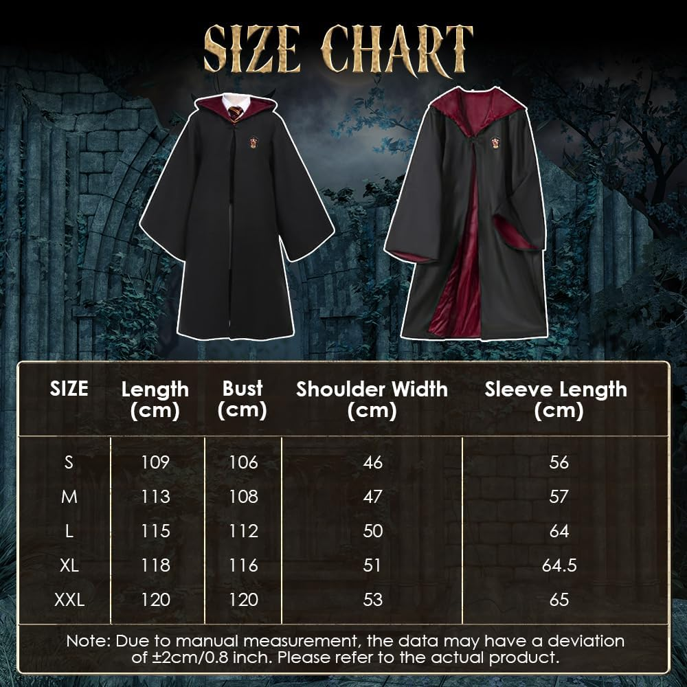 AUTOWT Unisex Wizard Cloak Costume Set for Adults, 6Pc Magician Wizarding Robe Outfits with Hooded Cape Magic Hat Wand Scarf Glasses Tie Movie Dress up Accessory for School Carnival Halloween Cosplay image number 1