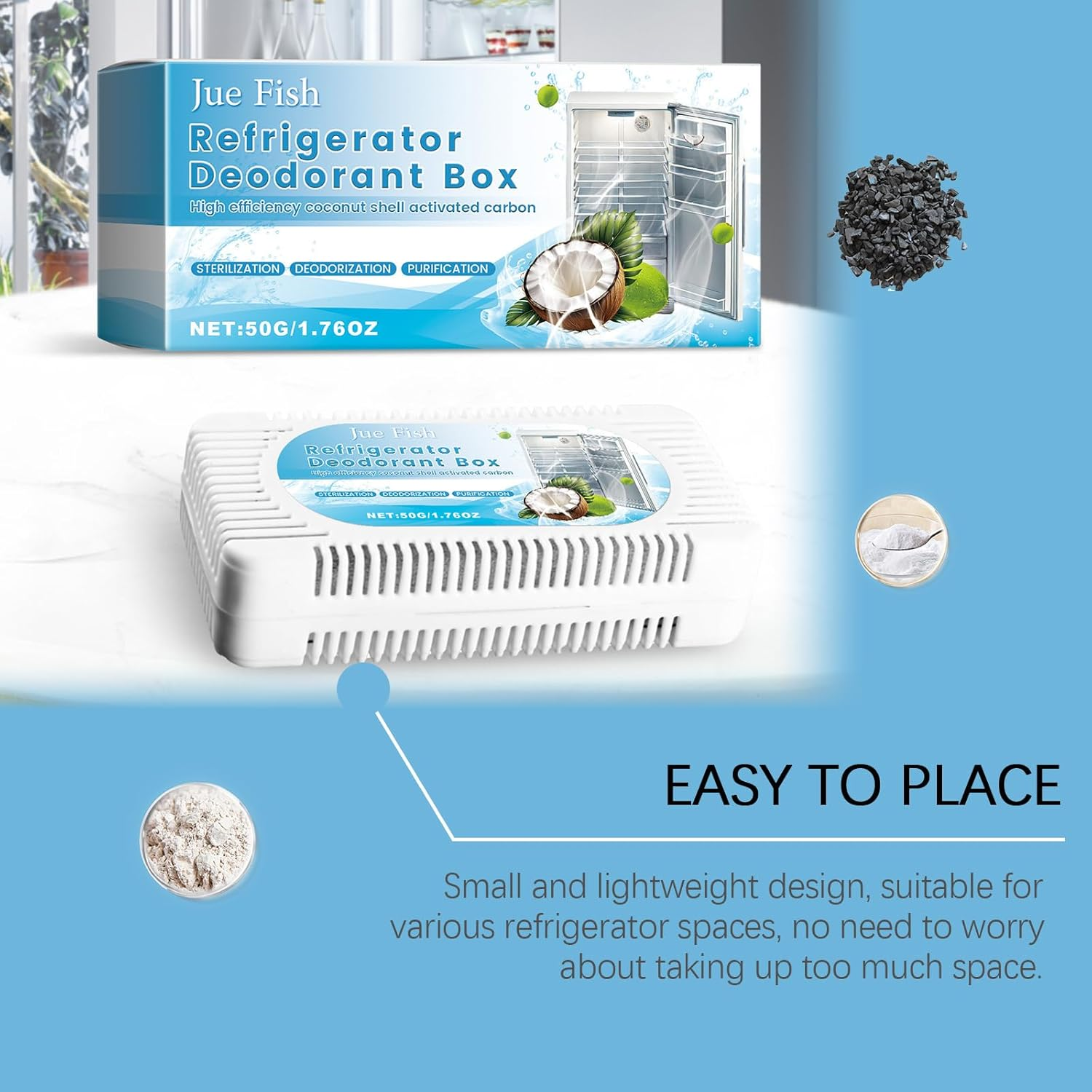 Refrigerator Deodorant Box, 50G, Activated Coconut Shell Carbon, Odour Remover image number 1