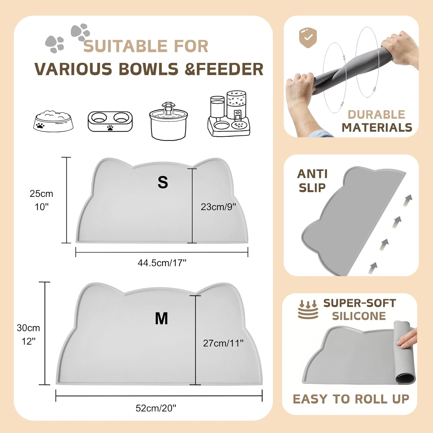 Cat Food Mat, Silicone Pet Feeding Mat for Floor Non-Slip Waterproof Dog Water Bowl Tray Cushion (20" X 12", Light Gray) image number 3