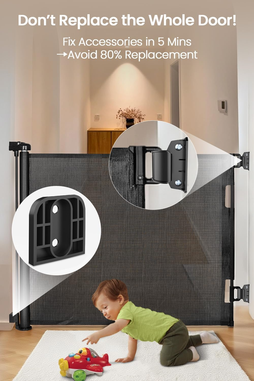 Yaekea Retractable Baby Gate Replacement Parts Compatible with 55" W X 33" H Retractable Baby Gates Including 2 Latches+2 Brackets+1 Set of Screws for Dog Gate Easy Installation