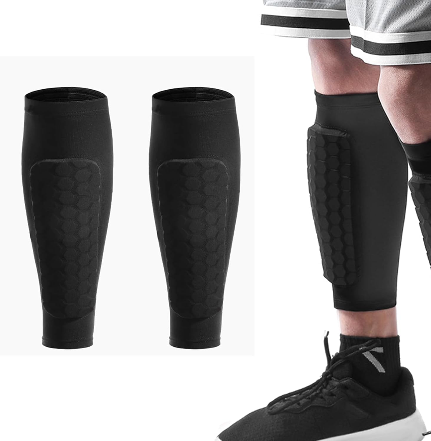 Honeycomb Compression Sleeve Shin Guards, Soccer Football Protective Pads, Calf Support, 1 Pair