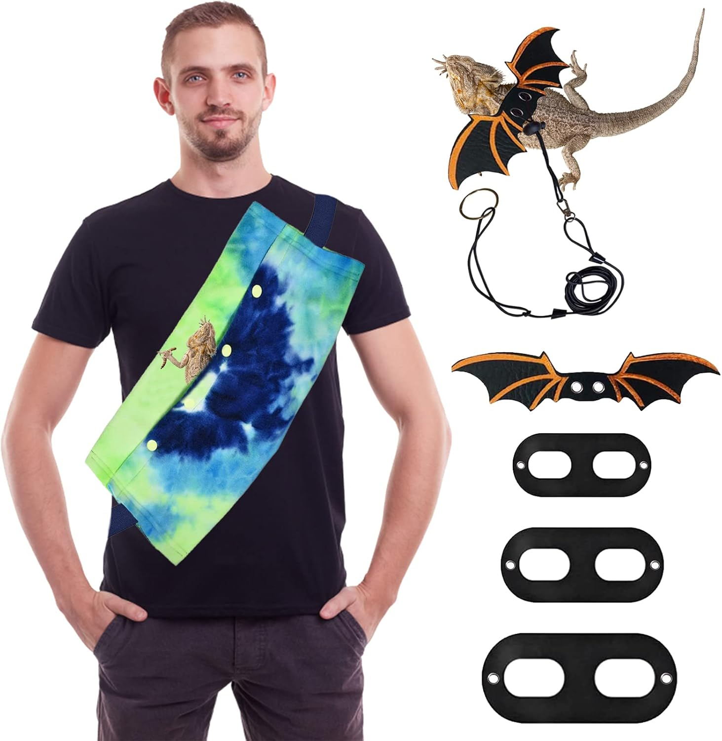 Bearded Dragon Carrier Reptile and Small Pets Travel Sling Adjustable Bearded Dragon Accessories with Harness and Leash (Blue & Green)