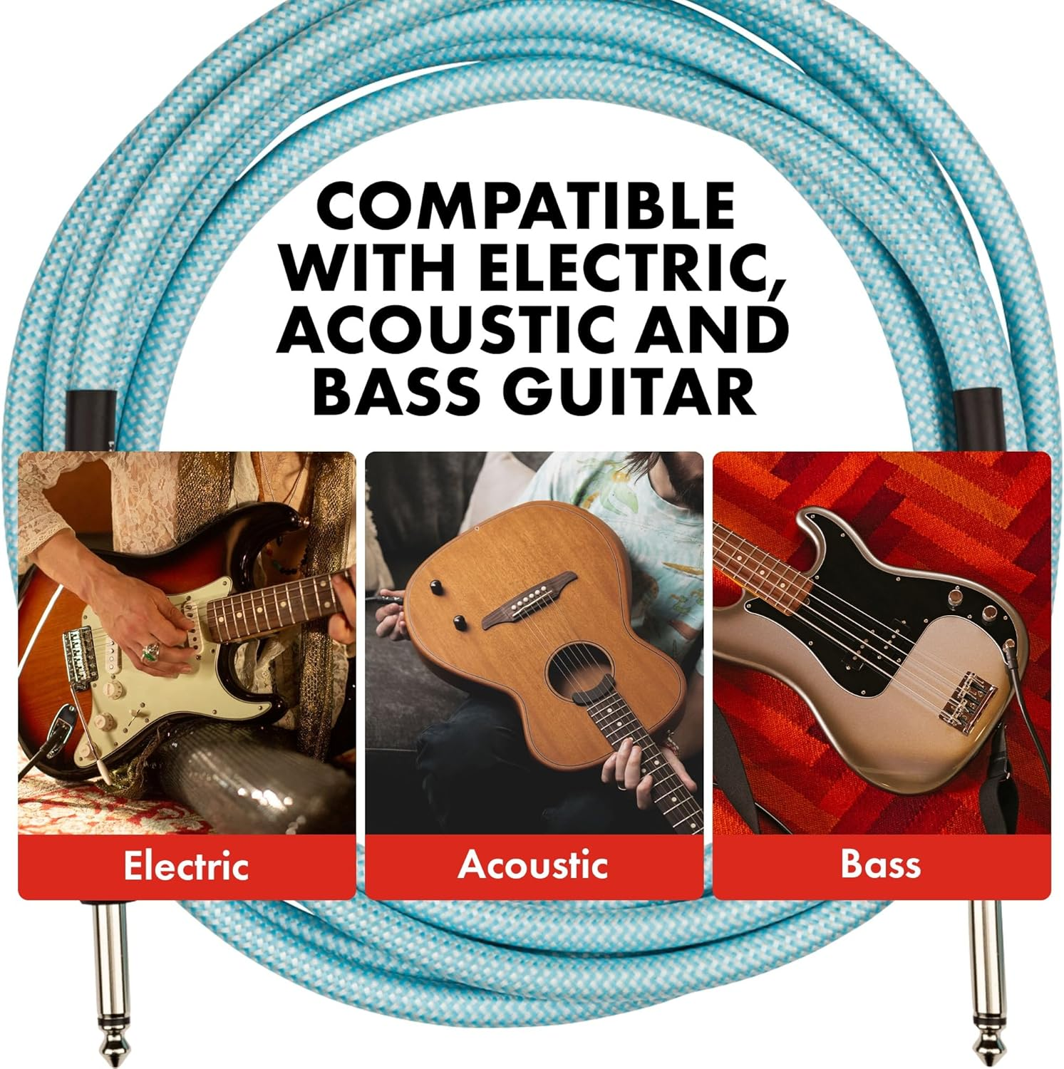 Fender Professional Series Tweed Instrument Cable, Guitar Cable, Guitar Accessories, Straight/Straight, Spiral Shielding for an Anti-Kinking Design, Daphne Blue, 15Ft image number 4