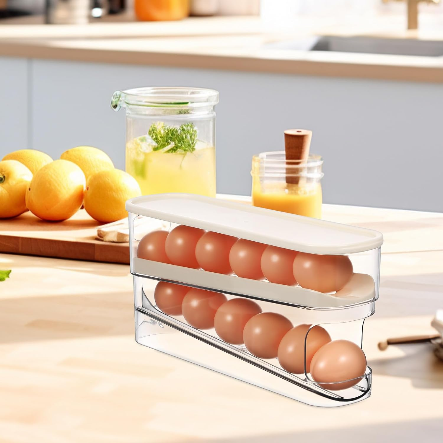 GAROZATION Egg Container Roller Dispenser with Lid Double Deck Refrigerator Door Shelf Storage Kitchen Egg Organizer Box for Home Food Storage image number 2