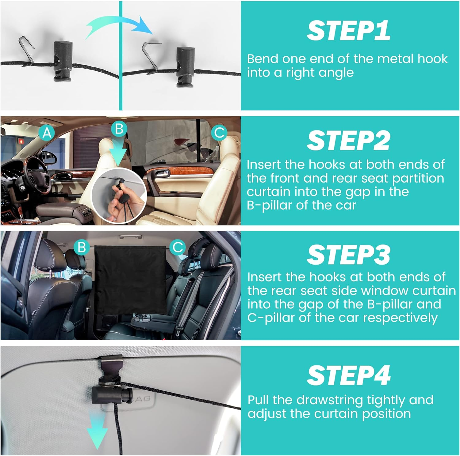 Car Curtains 3-Piece Set - 95% Light Blocking Fabric Rear Seat & Side Windows Divider Curtain Baby Shades, Wide Sedan SUV Sunshade Screen Covers for Travel Camping Nap Sleeping image number 2