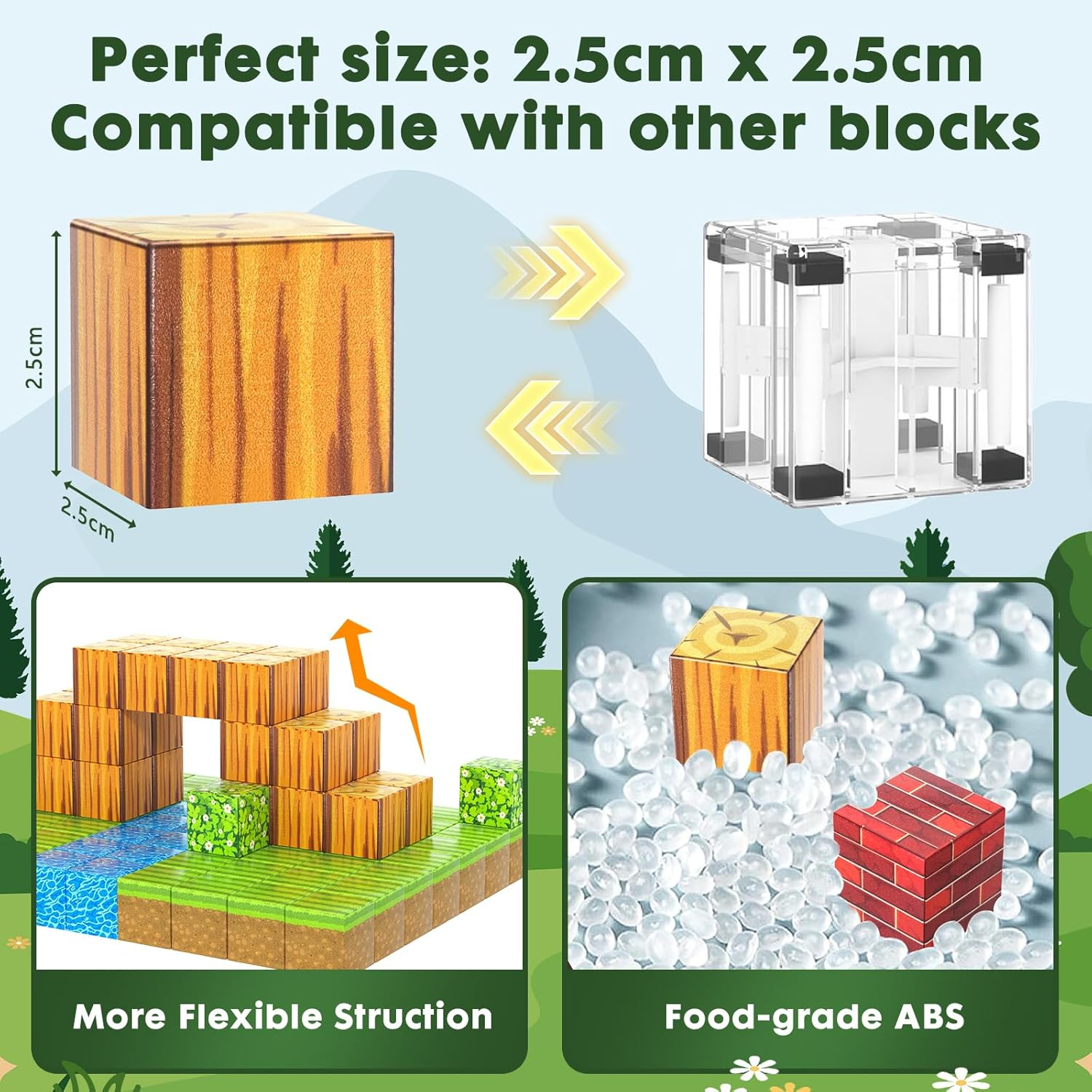 Magnetic Blocks,100Pcs Magnetic Tiles Forest Set for 3+ Year Old Boys & Girls,Build Mine Magworld Building Blocks,Magnetic Tiles 1" Building Blocks Toddler Toys STEM Sensory, Creative Kids Games Toys image number 3