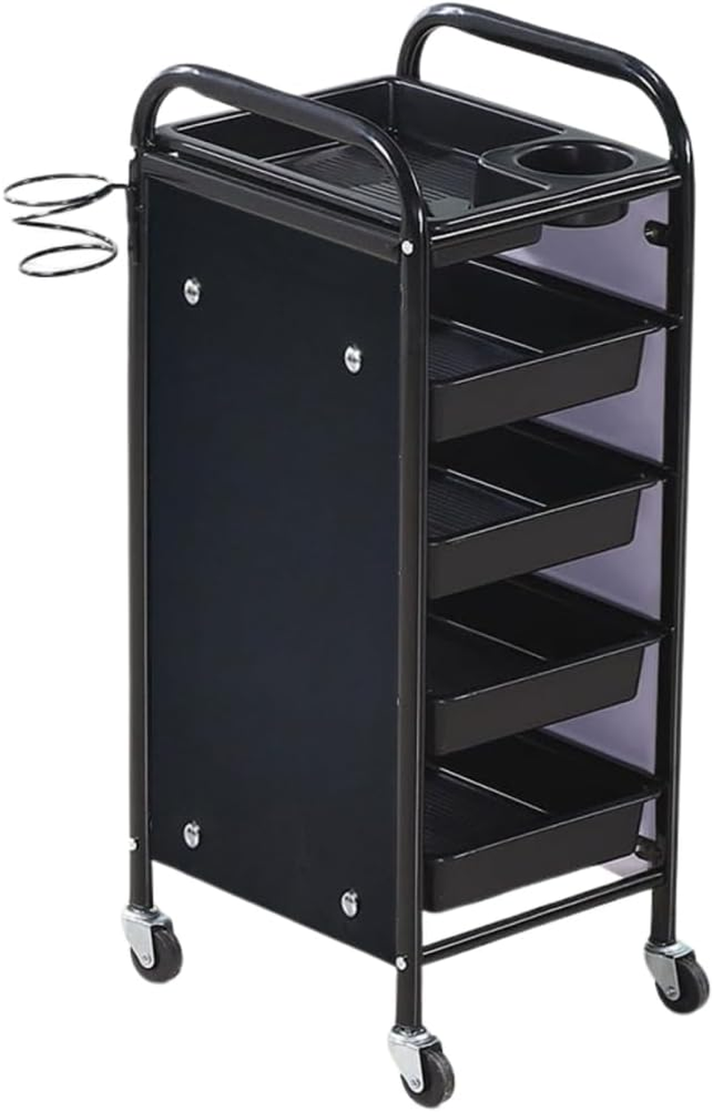 ZEEK PRIME - Hairdressing Trolley with 5 Layers &ndash; Rolling Salon Cart Organizer with Metal Frame, Lockable Wheels & Deep Storage Trays | Black Mobile Beauty Station for Hair Stylists, Barbers.