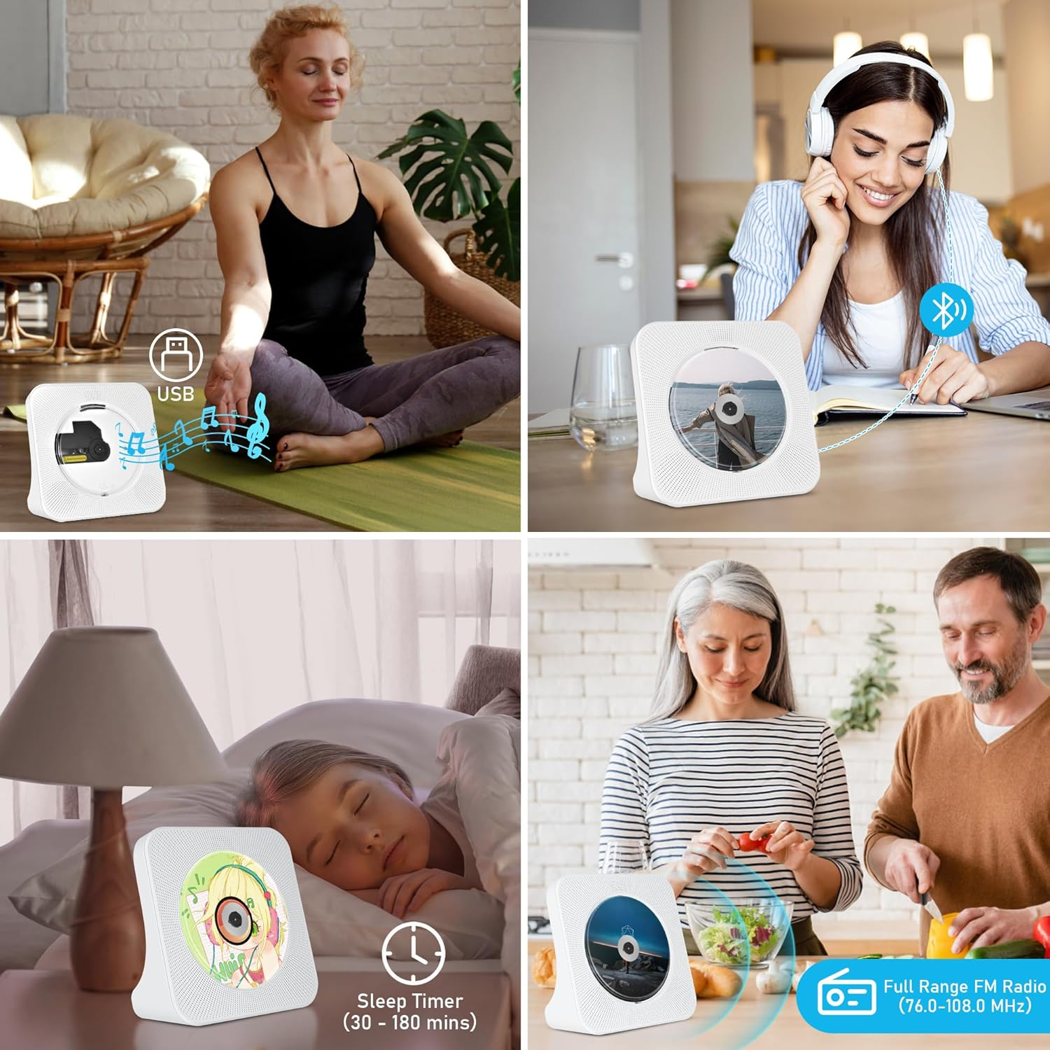 Portable CD Player with 4000Mah Battery Rechargeable, Support Bluetooth, FM Radio, USB Port, AUX In/Output, Timer, Remote, Hifi CD Music Player with Speakers for Home SHIWAKOTO image number 5