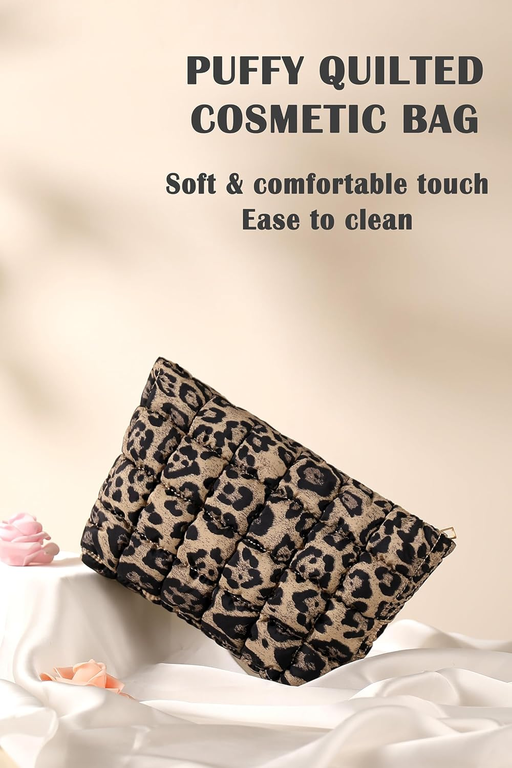 Puffy Quilted Makeup Bag, Travel Cosmetic Bag for Women, Toiletry Organizer Pouch, Clutch (Brown Leopard) - Blue image number 2