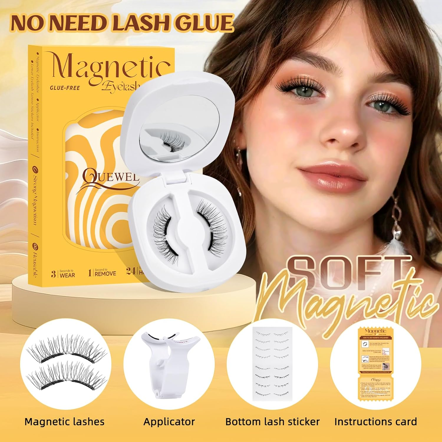QUEWEL Upgrade Soft Magnetic Eyelashes Natural Look, Reusable Magnetic Lashes with Applicator, No Glue Needed, Windproof & Waterproof for All-Day Comfort (Soft-E) - Black Magnetic Eyelashes 002 Kit image number 2