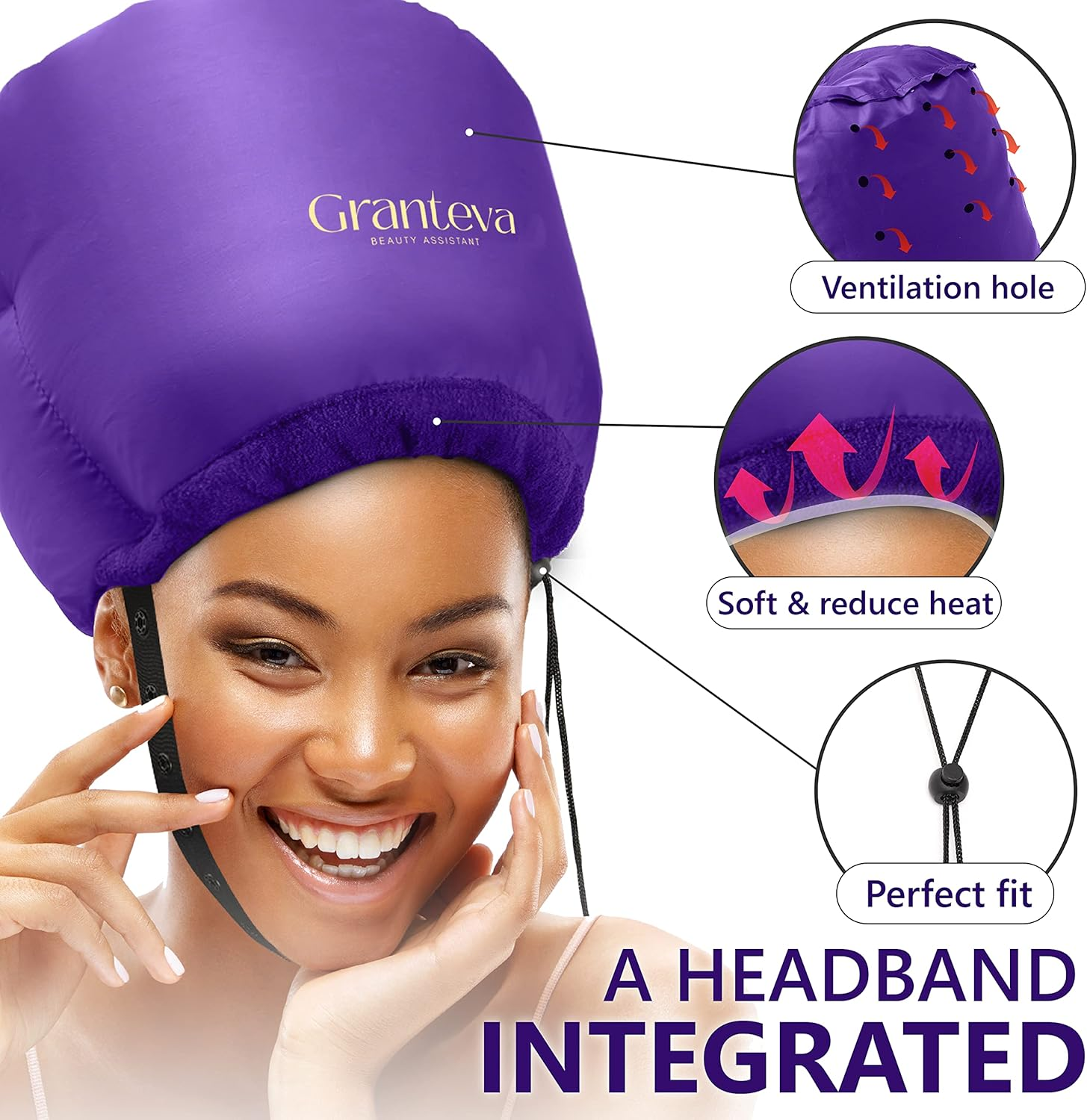 Hair Dryer Bonnet W/A Headband Integrated That Reduces Heat around Ears & Neck - Hair Dryer Diffuser Cap for Hair Dryer Curly Hair, Speeds up Drying Time, Deep Conditioning at Home - Large (Purple) image number 3