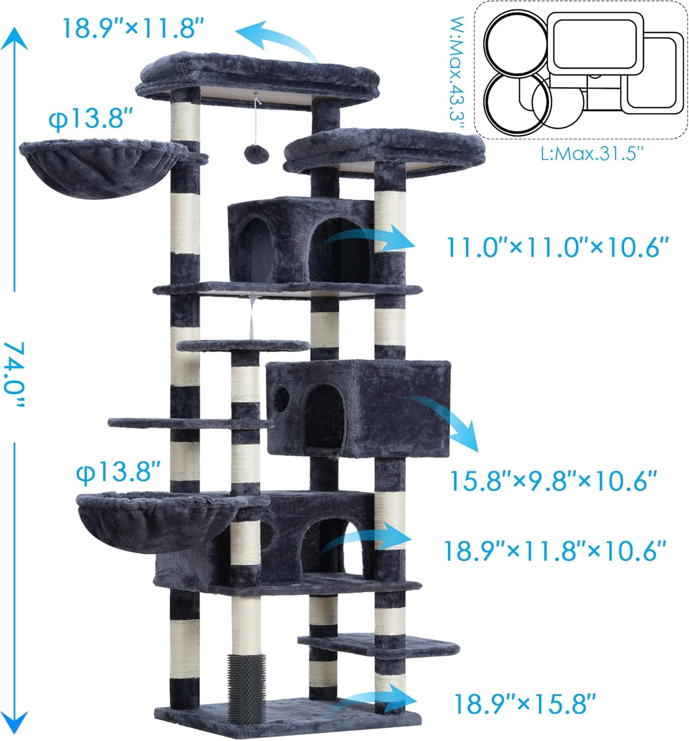 Hey-Brother Cat Tree, 188 Cm Multi-Level XL Large Cat Tower for Indoor Cats with Three Cat Condos, Two Large Top Decks and Cat Hairbrushfor Kittens, Cats and Pets, Smoky Gray MPJ035-MG image number 2