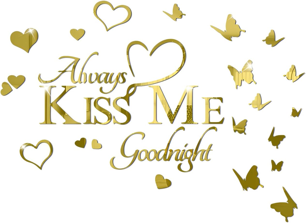 INCAUCA Always Kiss Me Goodnight Mirror Wall Decal, Peel and Stick Wall Stickers Decor for Bedroom, Decorative Romantic Couples Love Wall Words and Quotes, Lettering Art Sign over Bed, Gold