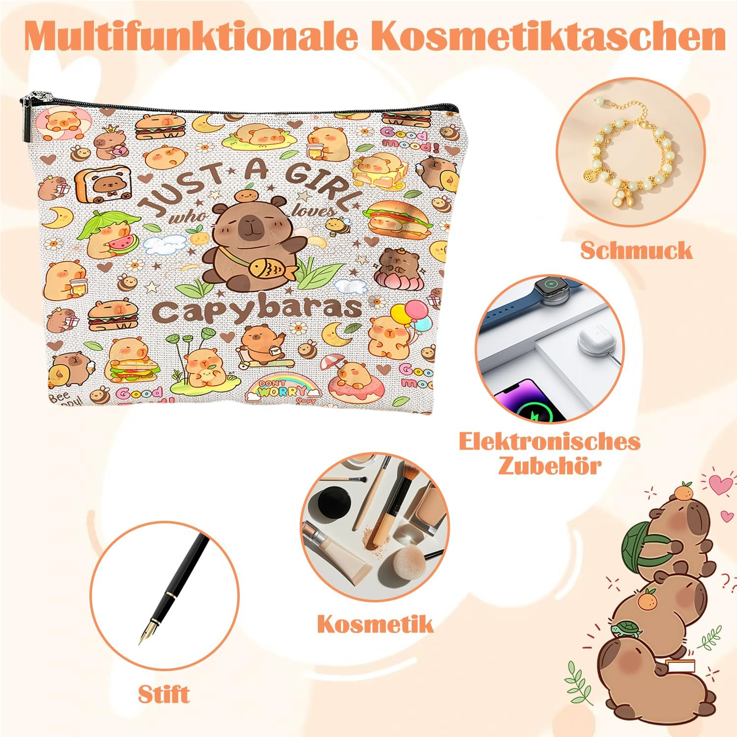 Cosmetic Bag for Girls Capybara Makeup Bag Makeup Bag with Zip for Girlfriend Capybara Gifts for Birthdays Portable Toiletry Bag Women for Travel Everyday Life Cute image number 1