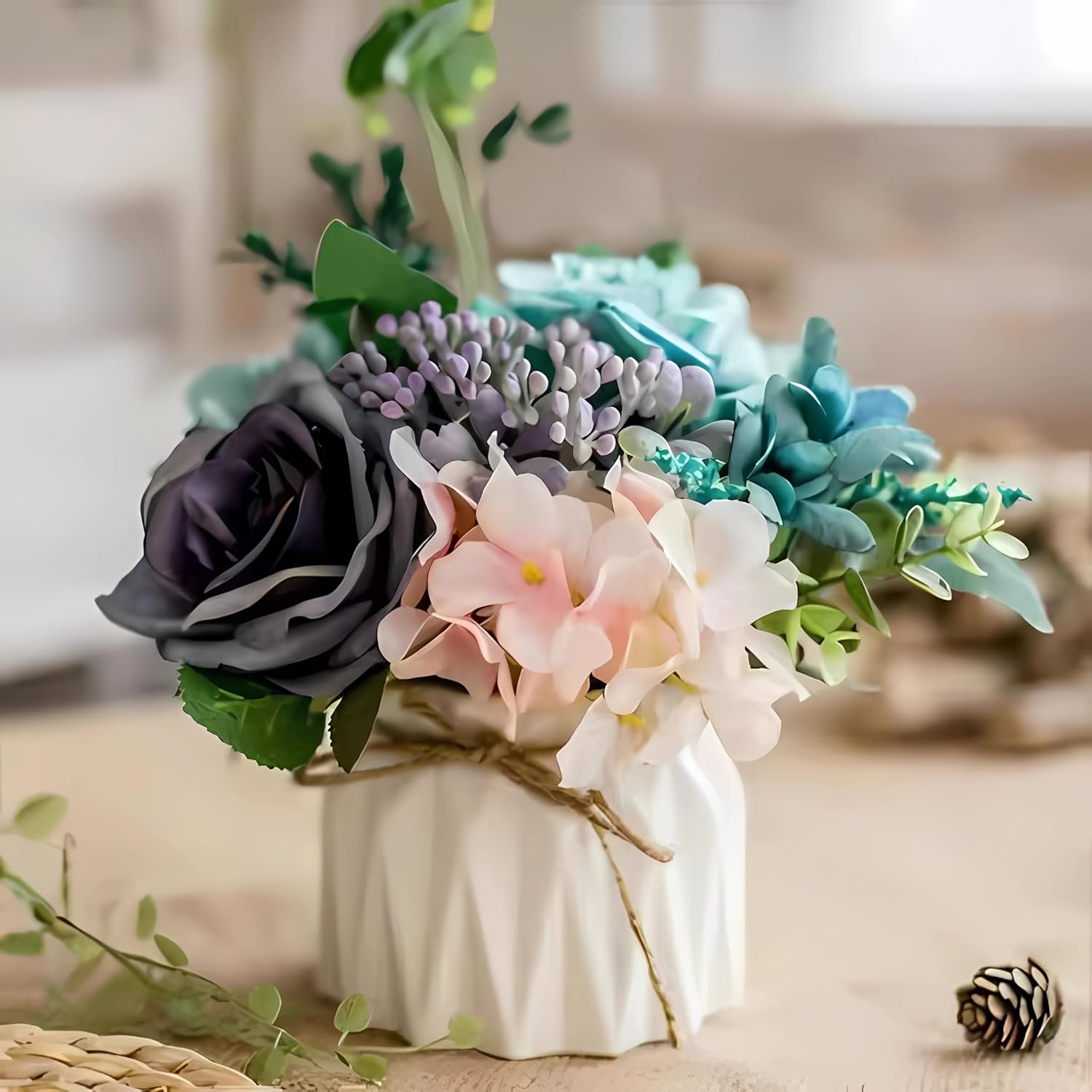 Hbluefat Small Artificial Flowers with Vase,Hydrangea Silk Roses Faux Flower in Ceramic Vase,Faux Flower Arrangement with Vase Suitable for Home Office Decoration,Dining Table Centerpiece (Vitality)