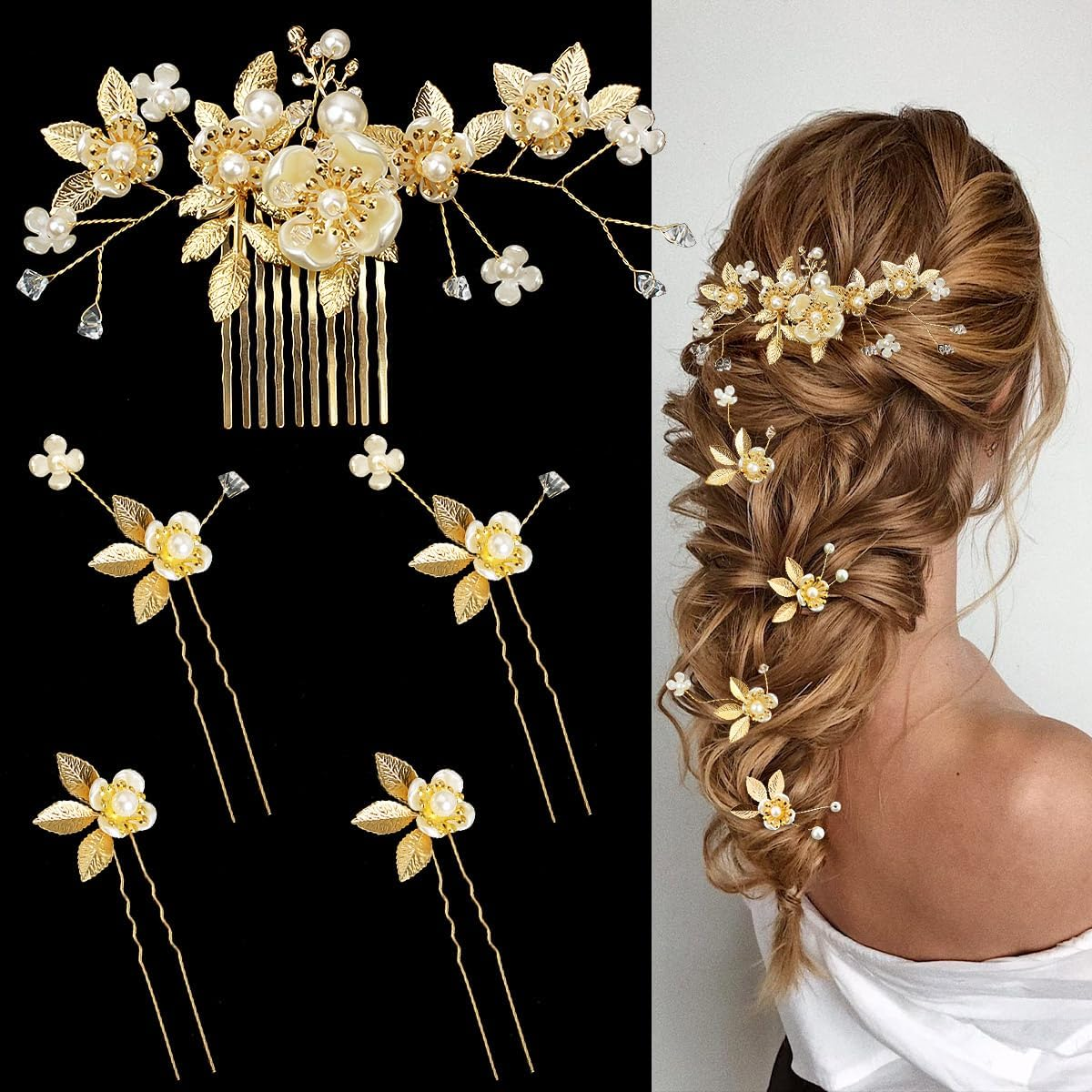 5 Pieces Gold Leaf Hair Pins Flower Pearl Hair Forks Bridal Hair Clips Headpiece Vintage Wedding Hair Accessories for Women Girls Brides Bridesmaids Flower Girls(Classic) image number 4