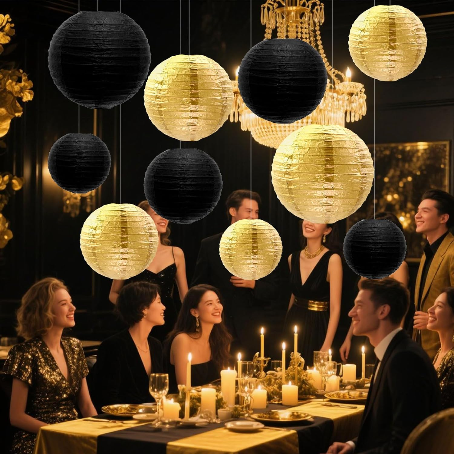 Dcsfadq Pack of 10 Black Gold Paper Lanterns Set Hanging Lantern Reusable Lanterns Decoration (10 Cm/15 Cm/20 Cm/25 Cm) Party Decoration Paper Lantern for Weddings, Garden Parties, Bride to Be image number 5