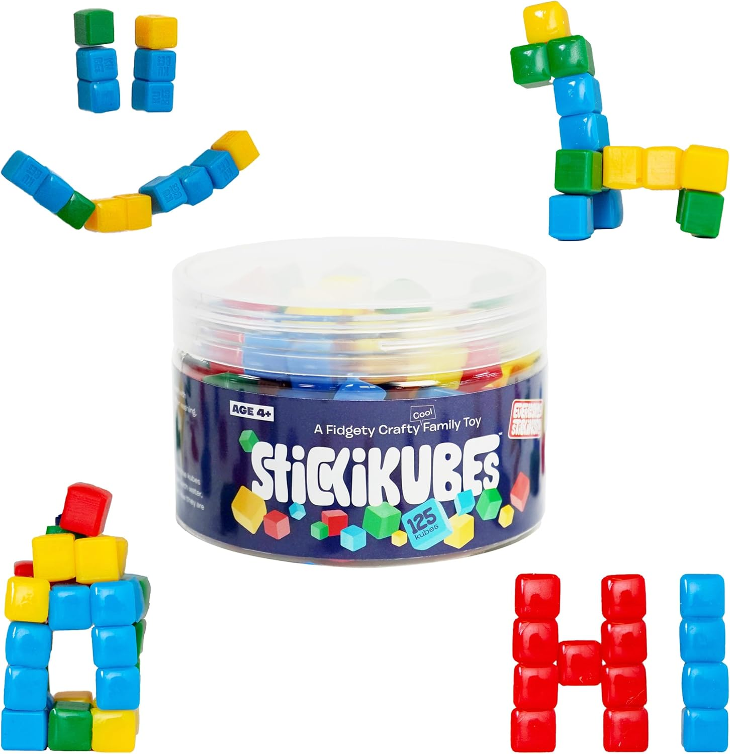 KOMARC GAMES Stickikubes - Mini Stacking Cubes That Stick to Anything - 125 Cubes in 4 Colors - Plastic Tub - Non Toxic Kid Safe image number 4