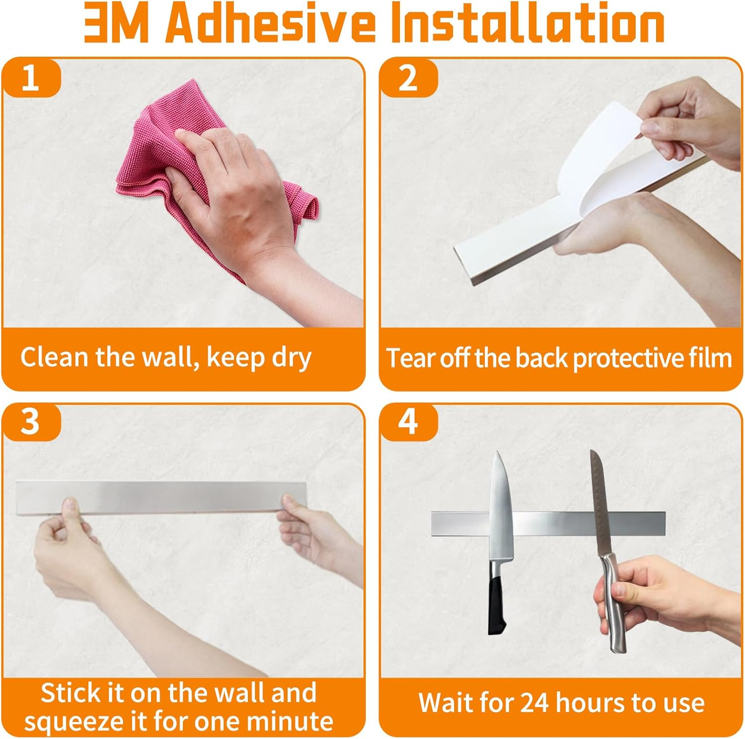 Magnetic Knife Holder for Wall 40Cm(16 Inch), Secure Easy Access Storage Stainless Steel Knives Rack, Strong Self Adhesive 3M Tape Strip Perfect for Kitchen or Garage Utensils Tools image number 1