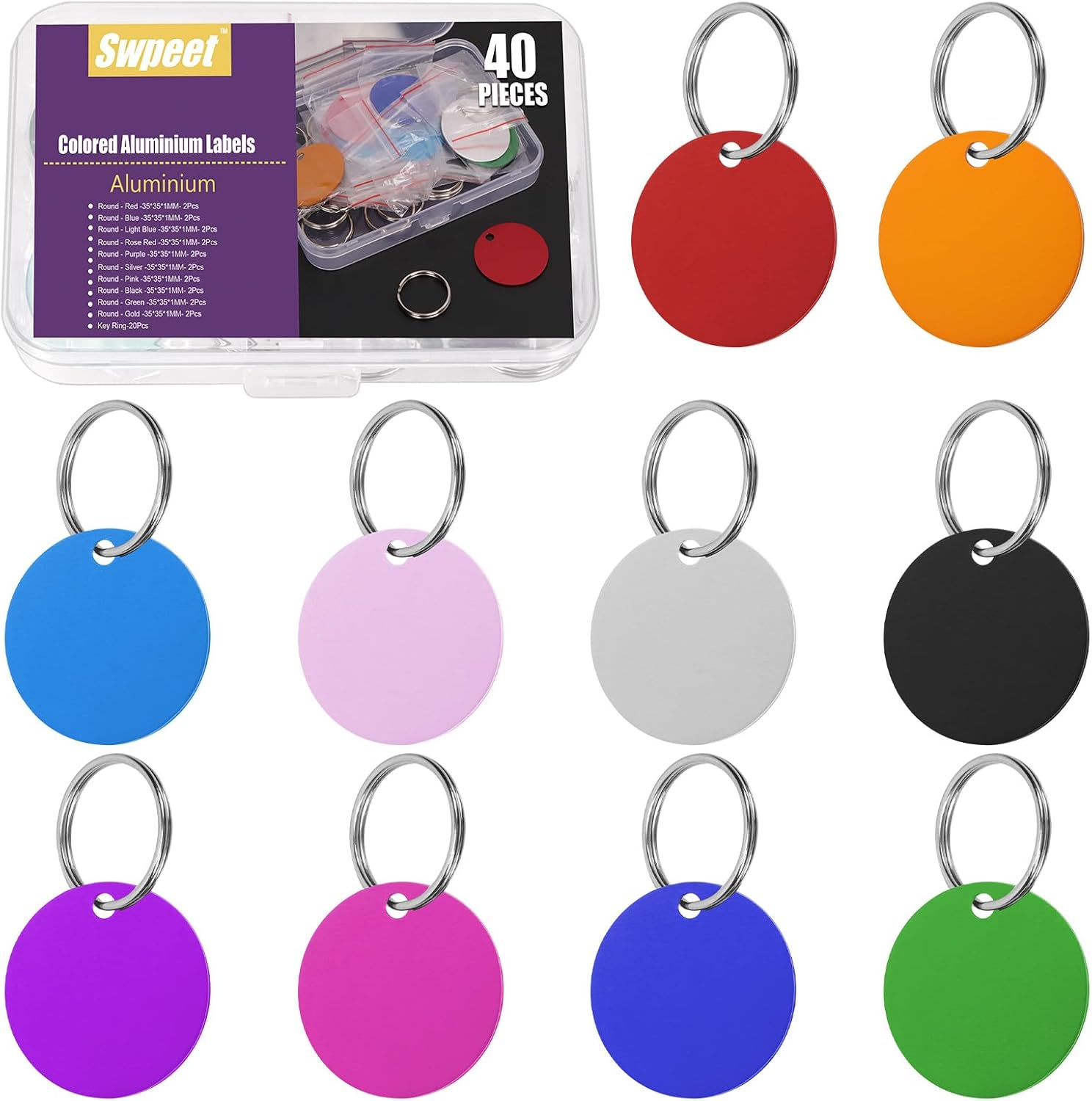 Swpeet 40Pcs 10 Colors 35Mm/ 1.37" round Aluminum Blank Tags with Key Ring Assortment Kit, Engraving Stamping Blank Tags Pet ID Tag for Pendant Decoration, DIY Keychains and Pets Tag Project