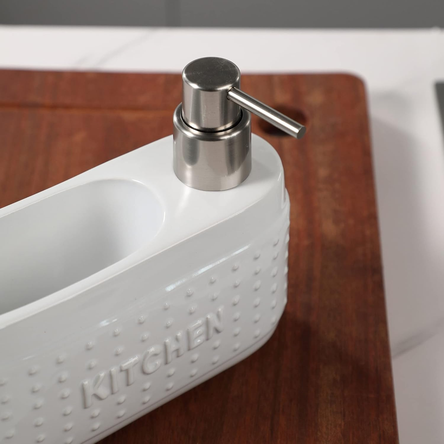 White Dish Detergent Dispenser for Kitchen Sink.Ceramic Dishwashing Liquid Dispenser with Sponge Holder -580Ml Large Capacity