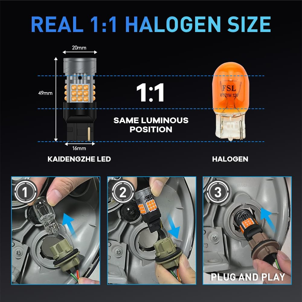 Kaidengzhe 7440 LED Bulb Amber, 12V T20 Turn Signal Lights anti Hyper Flash, 24V W21W 7440 T20 LED Bulb Yellow with Cooling Fan Replacement for Car Truck RV Van Front and Rear Position Light, 2PCS image number 3