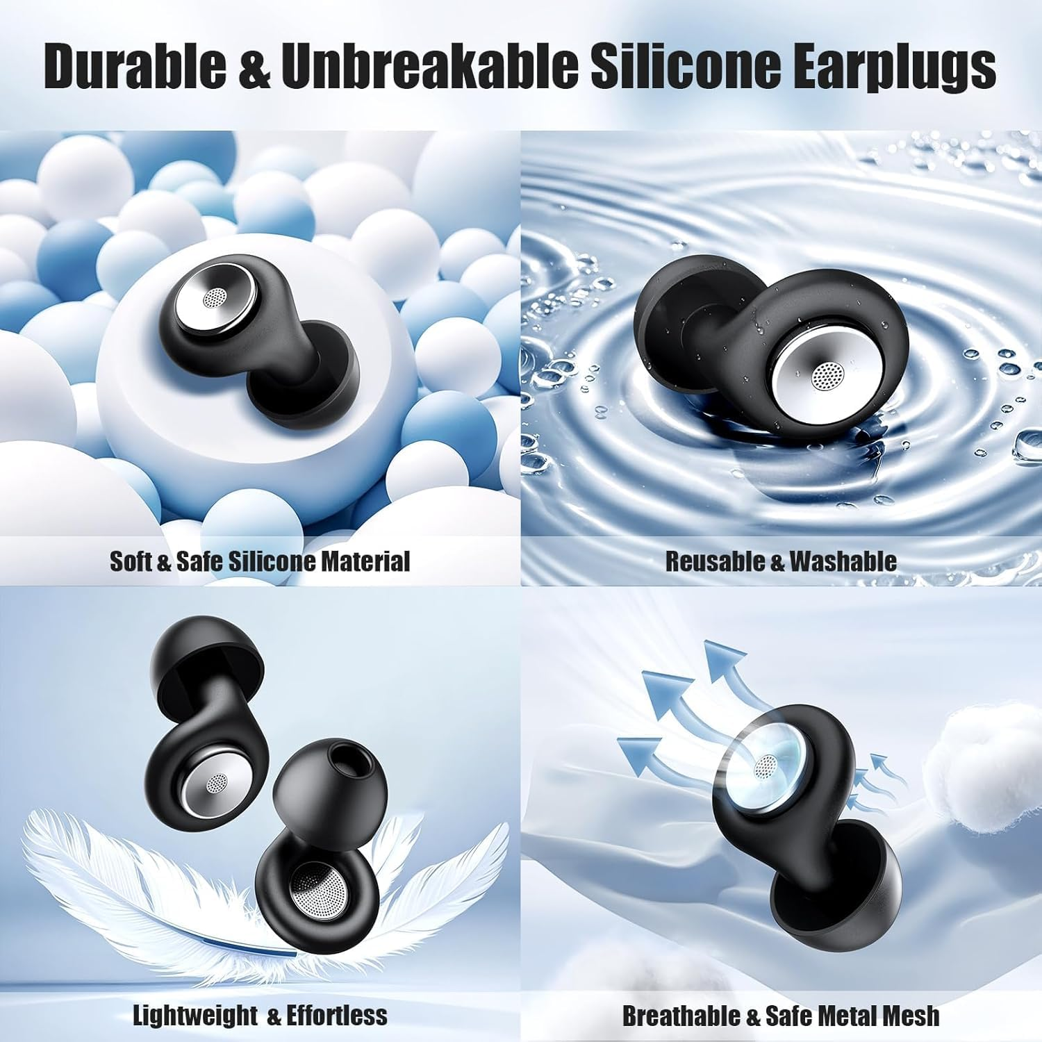 Flexible Silicone Sleep Ear Plugs, 45Db Noise Reduction - Reusable Hearing Protection for Sleep, Custom Fit with 8 Tips (XS/S/M/L) & Case, Soft Comfort for Concerts, Snoring, Travel, Study - Black image number 1