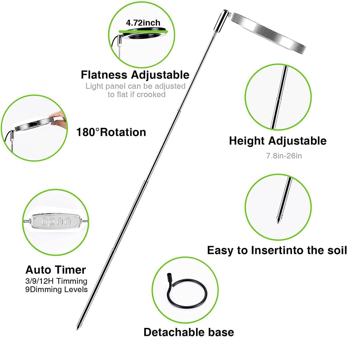 LED Grow Light for Indoor, 48 LED round Growth Light Stake with 3 Timer 3/9/12H and 9 Dimmable Levels, Height Adjustable Full Spectrum Growing Lamp (White) image number 1