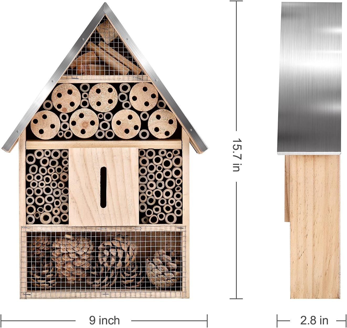 Wooden Mason Insect House, Outdoor Hanging Bamboo Habitat for Bees, Butterflies, Ladybugs - Garden Insect Hotel, 9 X 15.7 X 2.5 Inch image number 1