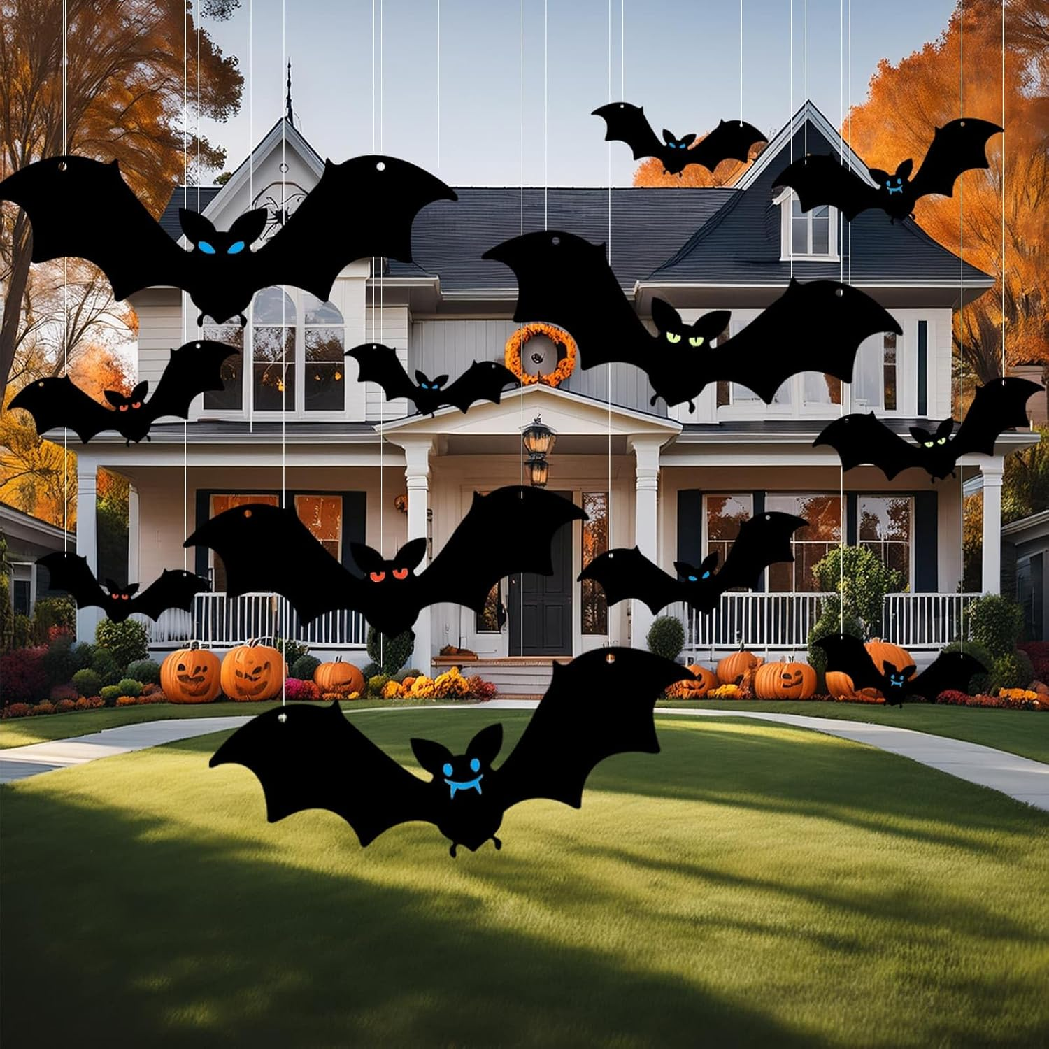 12 Pcs Hanging Bats Halloween Decorations Outdoor, Large Flying Plastic Bats Outdoor Halloween Decorations, 3 Different Size with Glowing Eye Stickers for Hanging in Tree, Yard, Porch, Lawn, Indoor image number 3