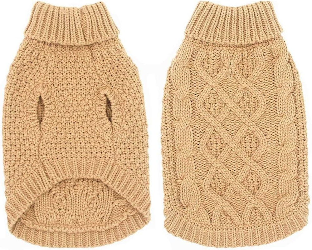 Mihachi Turtleneck Dog Sweater - Winter Coat Apparel Classic Cable Knit Clothes with Leash Hole for Cold Weather, Ideal Pet in New Year Khaki image number 3