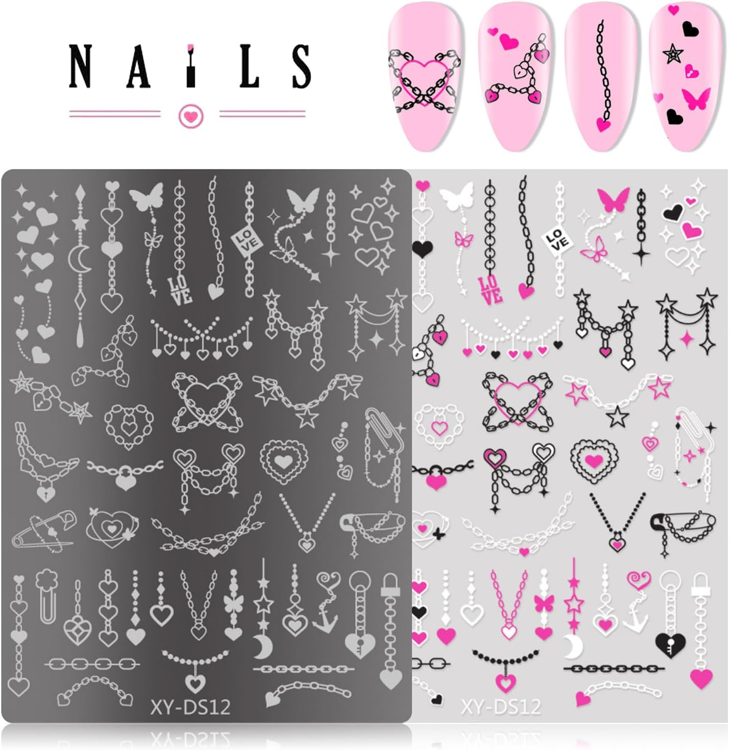 4Pcs Gothic Cute Nail Stamping Plate Set - Dark Kawaii Nail Art Templates, Stainless Steel Spooky Sweet Nail Stamp Plates with Skull & Lace Patterns for DIY Manicure Printing Tools