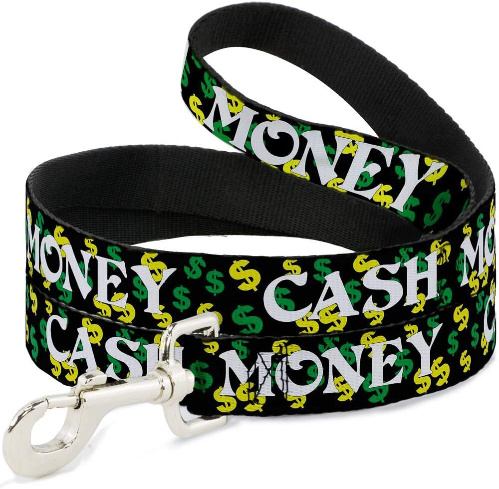 Dog Leash Cash Money Dollar Black White Yellow Green 6 Feet Long 0.5 Inch Wide