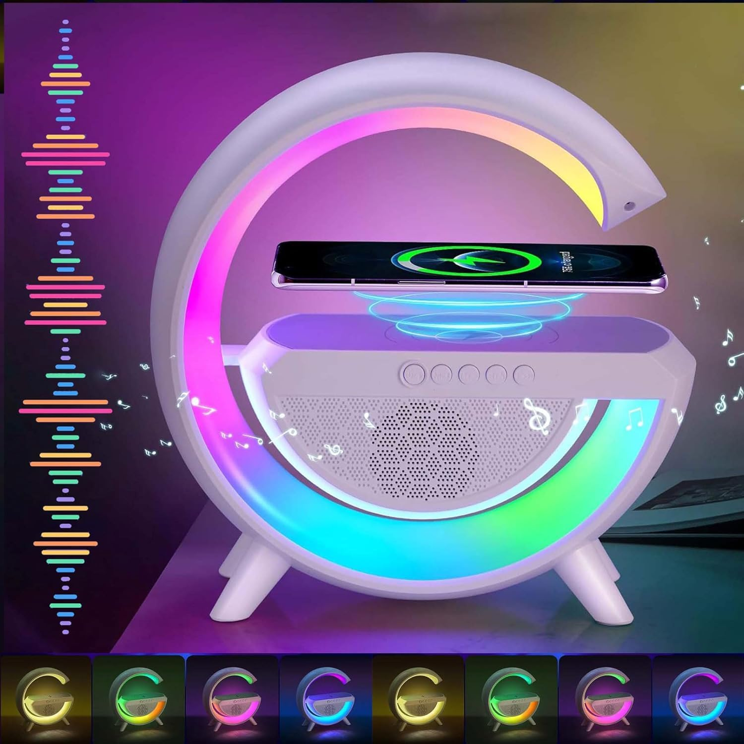 Intelligent LED Table Lamp with Charging Function, Atmosphere Light, Touch Dimmable, Wireless Charger, Bluetooth Speaker, Clock, Radio