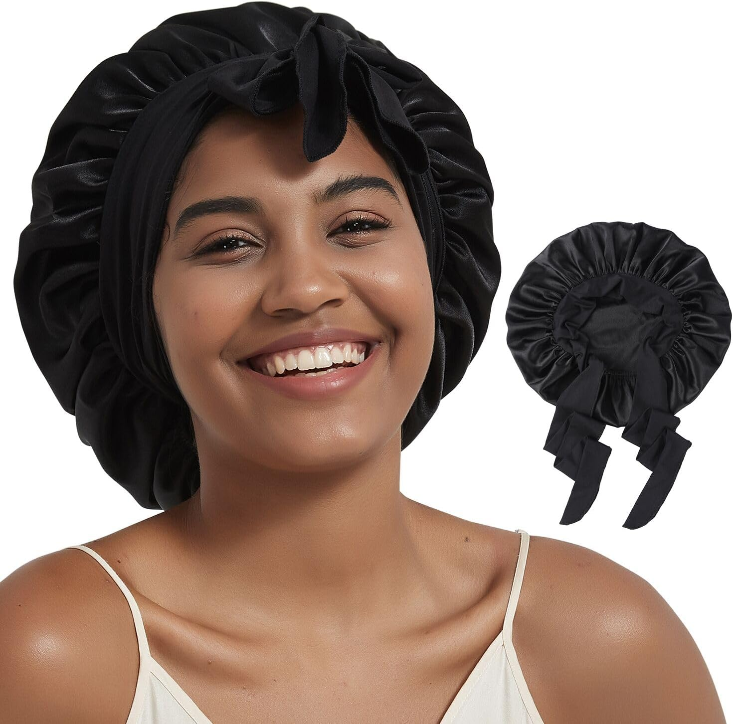 Hat Hut Satin Silk Bonnet for Sleeping Hair Wrap for Curly Hair Women Reversible Bonnet with Tie Band