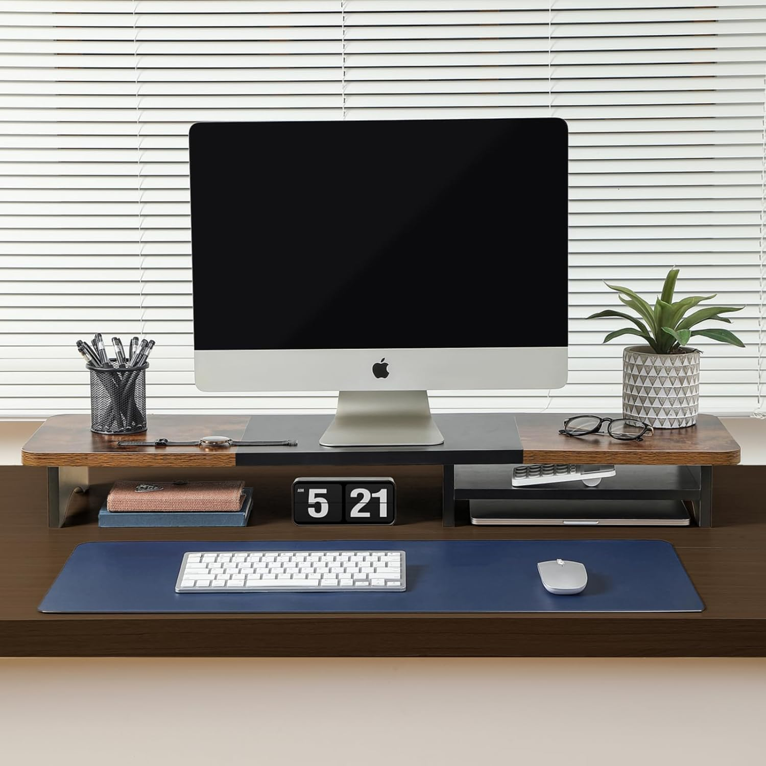 Monitor Stand with Drawer, Dual Monitor Stand Riser for Desk, Wooden Computer Monitor Stand & Desktop Shelf, Home Office Desk Accessories, 39.3"X10.6"X4.3" (Brown & Black) image number 2