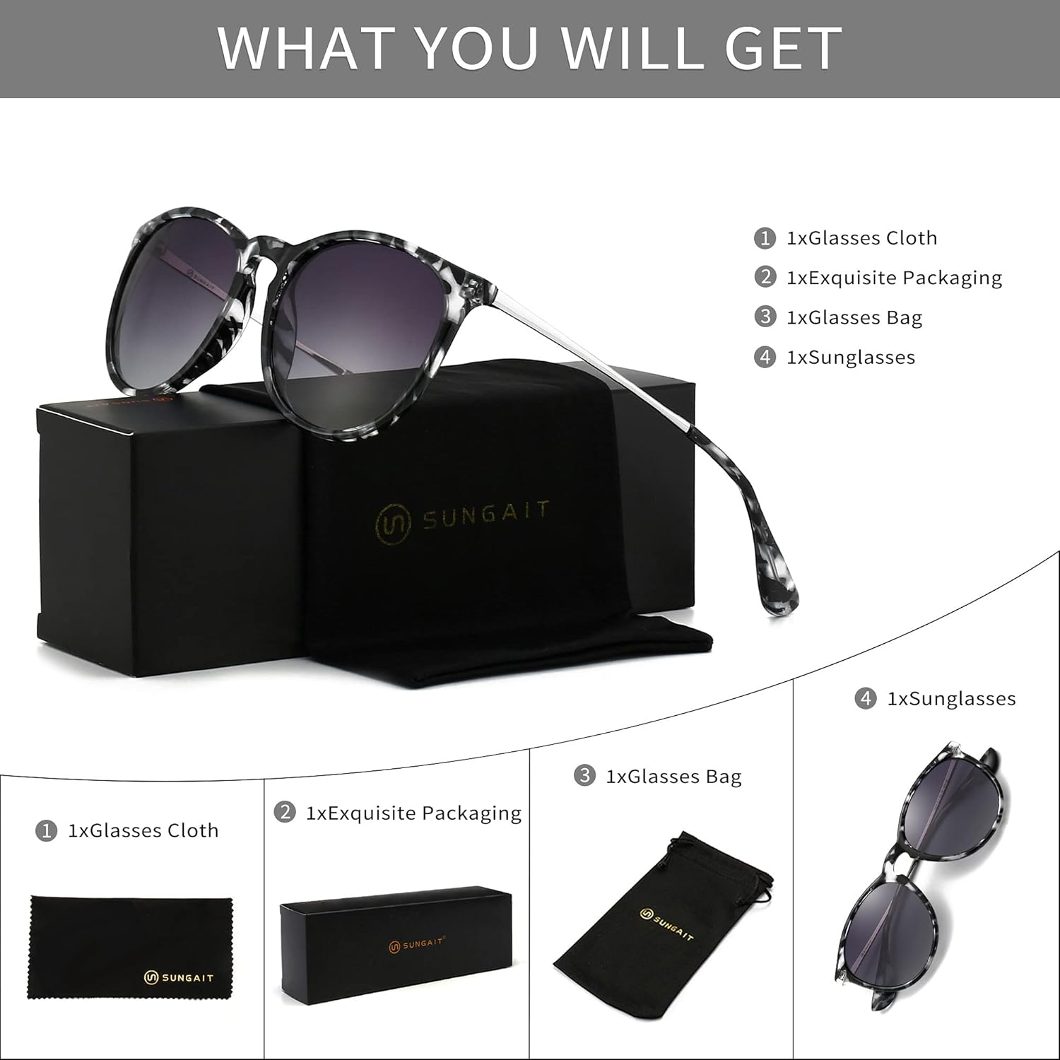 SUNGAIT Vintage round Sunglasses for Women Classic Retro Designer Style - 001 Rosewood Frame/Grey Lens image number 4