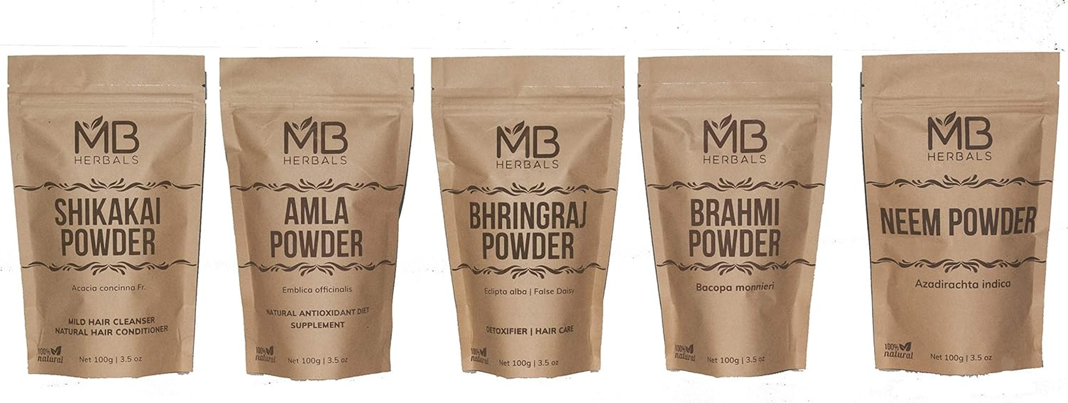 MB Herbals Hair Care COMBO 5 Powders | Shikakai | Neem | Brahmi | Amla | Bhringaraj | Powders | 100 Grams Each image number 1