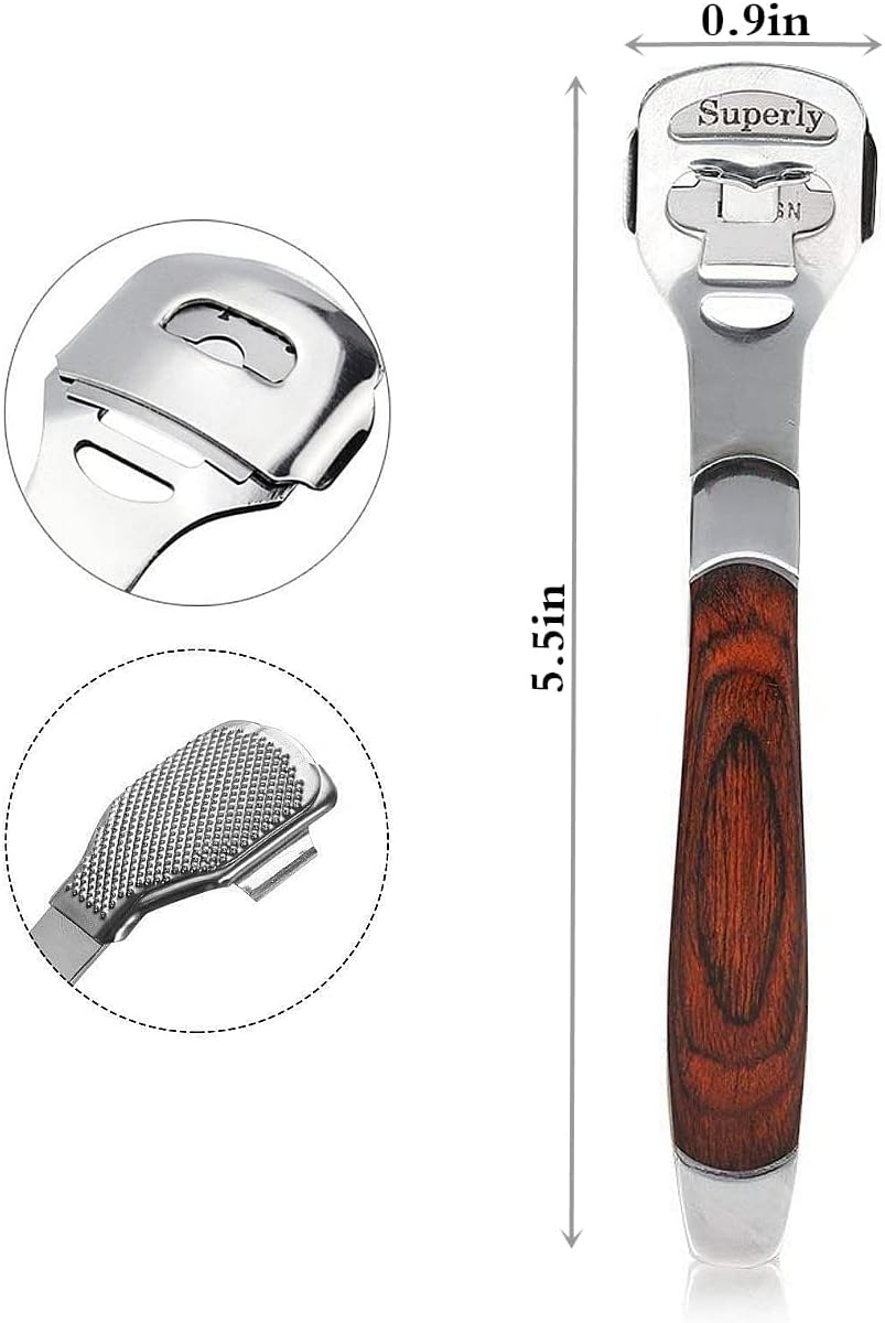 Stainless Steel Callus Shaver Pedicure Dead Hard Skin Remover Heel Razor Wooden Handle Cutter with Skin Rub & 10 Blades for Foot Care, Removing Solid, Cracked Skin Cells image number 1