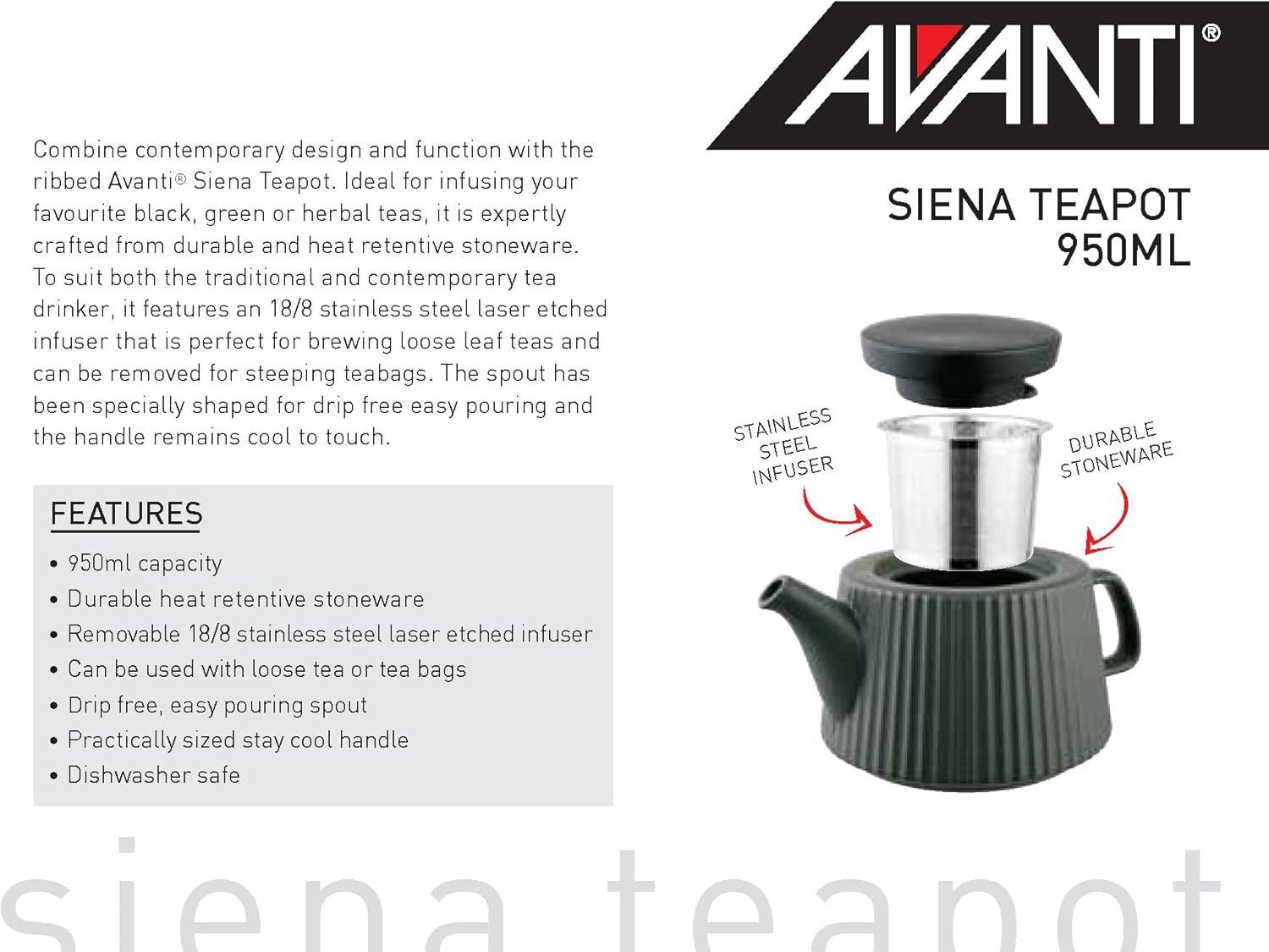Avanti Sienna Stoneware Teapot, 950 Ml Capacity, Charcoal image number 3