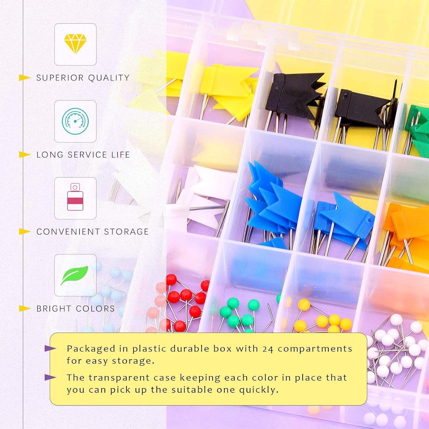 Swpeet 305Pcs 2 Types Colorful Push Pins Tacks with Steel Point Assortment Kit, 1/8 Inch Ball round Head and 7/10 Inch Map Flag Tacks Plastic Marking Pins for Bulletin Board, Fabric Marking image number 6