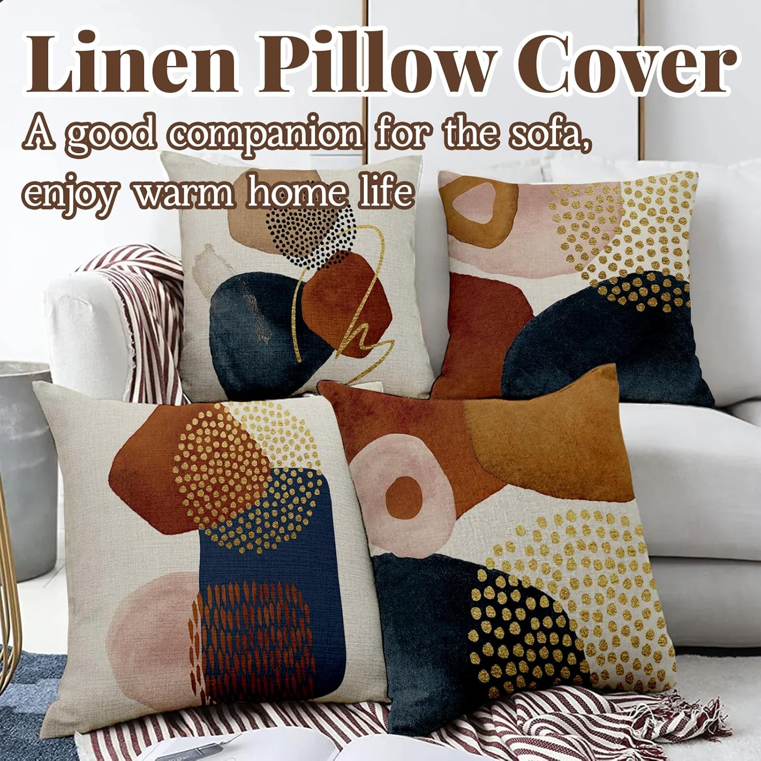 Square Linen Pillow Covers 45X45Cm Set of 4 Boho Abstract Modern Art Decorative Throw Pillow Cover Minimalist Geometric Bohemian Cushion Case for Couch, Bed, Home Decor image number 5