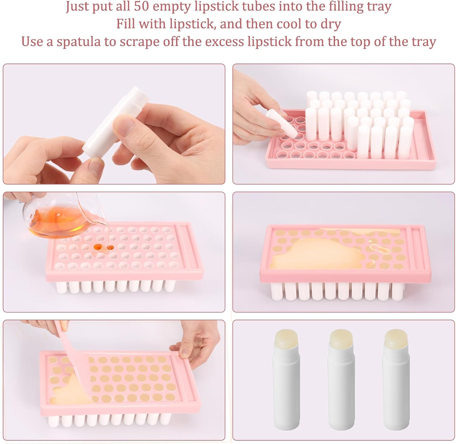 Awobepl Plastic Twist up Lip Balm Tube Compact Multipurpose Empty Lipstick Tube with Filling Tray Spatula for DIY Solid Perfume (Pink White) image number 4