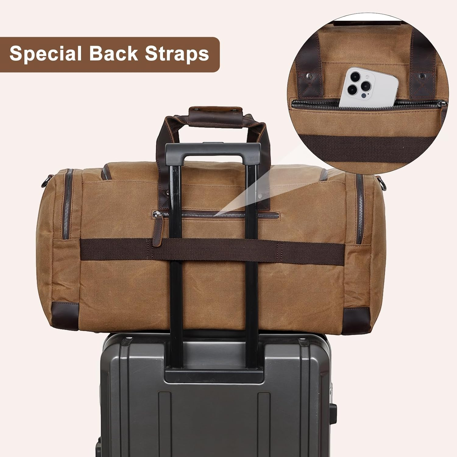 Tiding Men'S Waxed Canvas Cowhide Leather Travel Duffle Bag Waterproof 23 Inch Duffel Bag Weekender Overnight Vintage Travel Hand Bag Carry on Bag image number 5