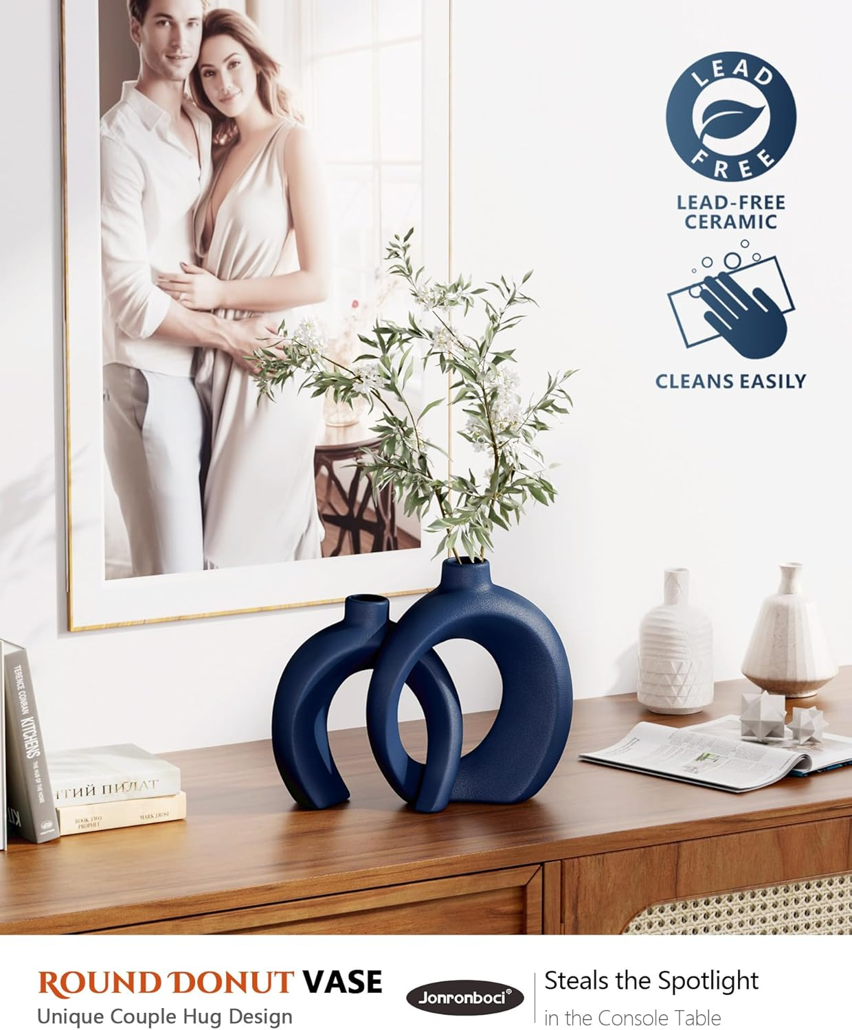 Matte Ceramic Blue Vase Set of 2 - Snuggle Hollow Navy Blue Decor for Living Room, Vases Home Decor for Coffee Table Sofa Table Entrance Shelf or Console Fireplace Mantel Decor (Matte Navy Blue)