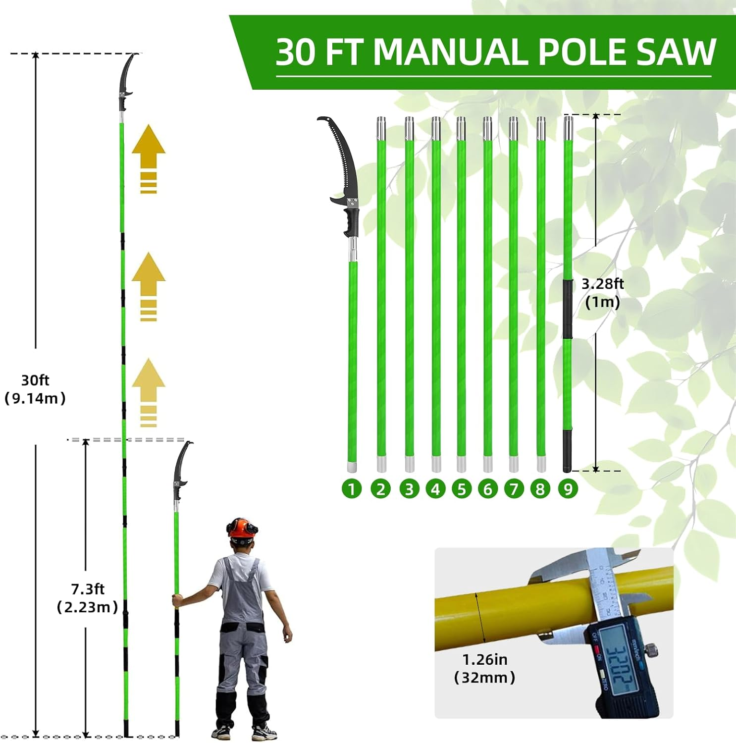 9M Manual Pole Pruner Saw for Tree Trimming, Extendable Tree Pole Pruner, Sharp Steel Blade and Scissors, High Branch Trimmer with Lightweight 9 Fiberglass Handles, for Pruning Palms and Shrubs -Green