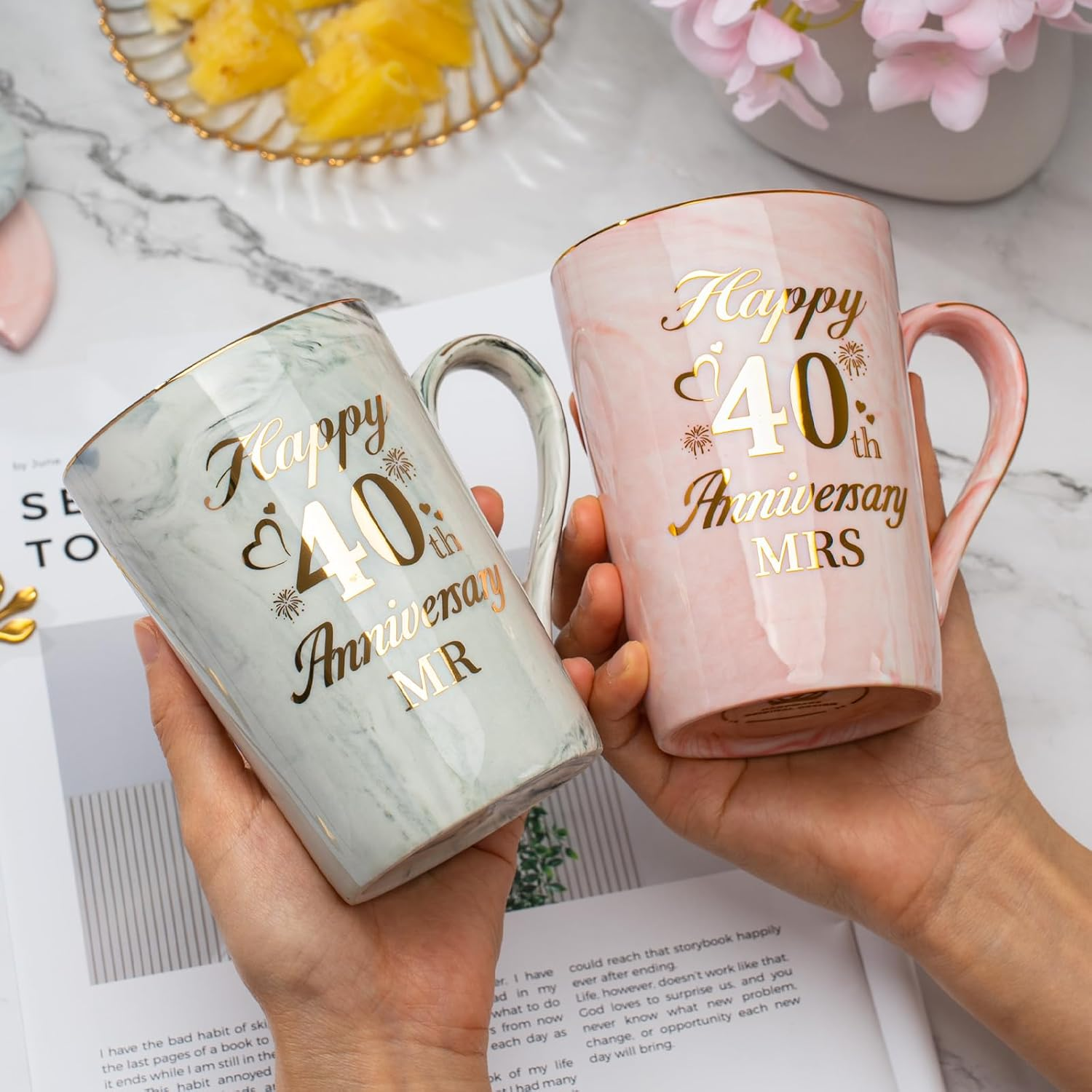 Ruby Anniversary Wedding Gifts, 40Th Anniversary Wedding Gift, 2PCS Happy 40Th Weddin-G Anniversar-Y Mr Mrs Gift Marble Ceramic Cups Set 14Oz, Ruby Anniversar-Y Couple Gifts for Parents, Grandparents - 20Th image number 2