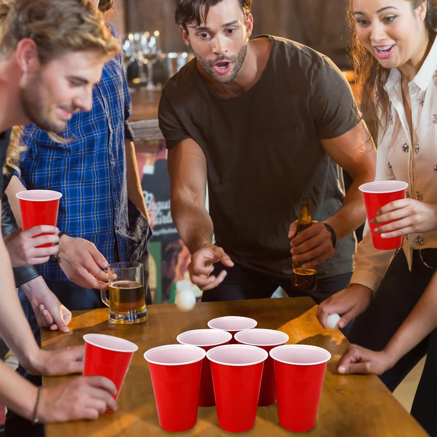 Frasheng Beerpong Party Cups, 100 Cups 12 Balls, Beer Pong Cups, Plastic Cups Red and Blue 16 Oz, Reusable Party Cups, Beer Pong Cups Set, for Christmas, Birthday, Wedding, Festivals image number 4