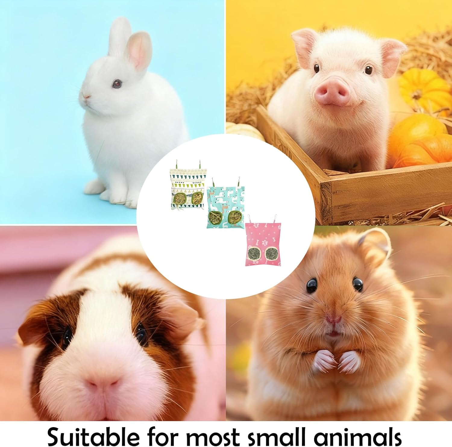 Xutong Pack of 3 Rabbit Hay Feeding Bags, Suitable for Small Rabbits, Hamsters, Guinea Pigs, Small Pets and Animals, Pink, White, Green image number 2