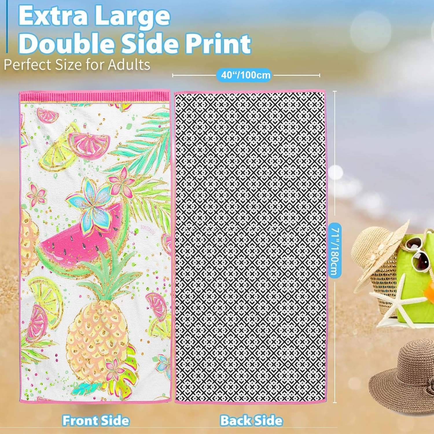 Microfiber Beach Towel, Quick Dry Travel Towel Large Sand Free Towel for Beach, Camping, Swim Pool, Gym, Sports& Yoga180Cm X100Cm (Turtles and Flowers) image number 3